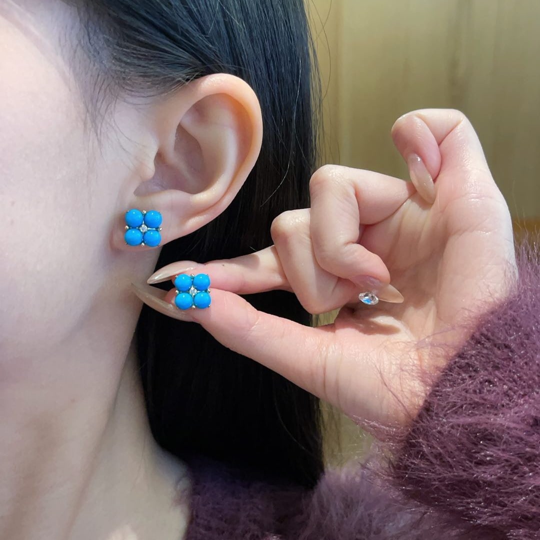 14k Gold 5 Ct Natural Blue Turquoise & Diamond Earrings - 6