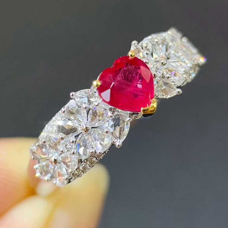 14k Gold 1.14 Ctw Natural Ruby & Diamond Ring: Ref:231108082 // gold content:14k gold // ring size:7. 25us // // main gemstone:ruby // shape:heart // carat weight:0. 67ct // color:red // treatment:natural // // adjacent gemstone 2 : diamond // sha