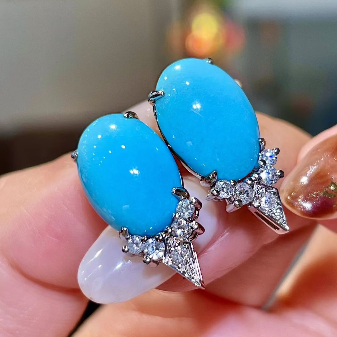 14k Gold 8.97 Ctw Natural Blue Turquoise & Diamond Earrings - 2