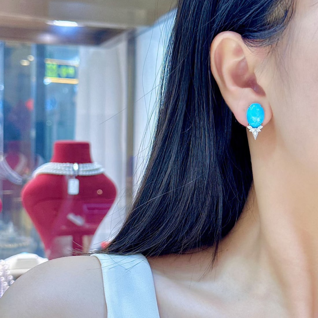 14k Gold 8.97 Ctw Natural Blue Turquoise & Diamond Earrings - 4