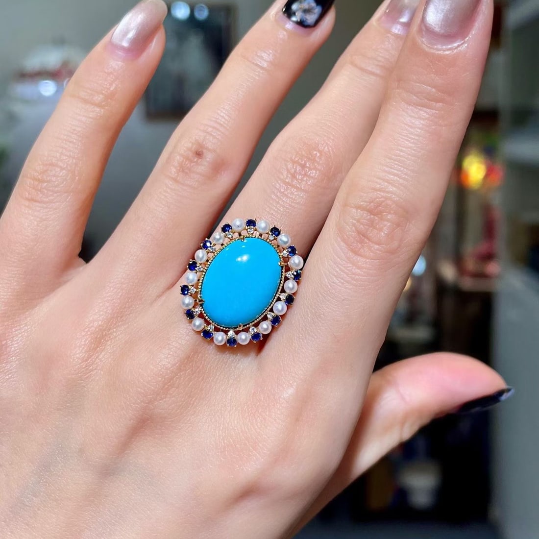 14k Gold 6.80 Ctw Natural Blue Turquoise & Sapphire Ring - 2