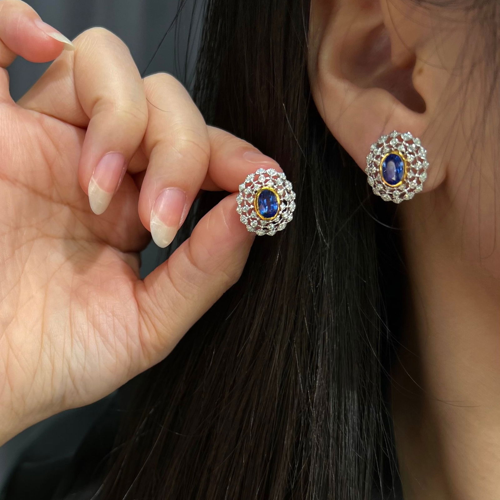 14k Gold 1.95 Ct Natural Sapphire & Diamond Earrings - 5