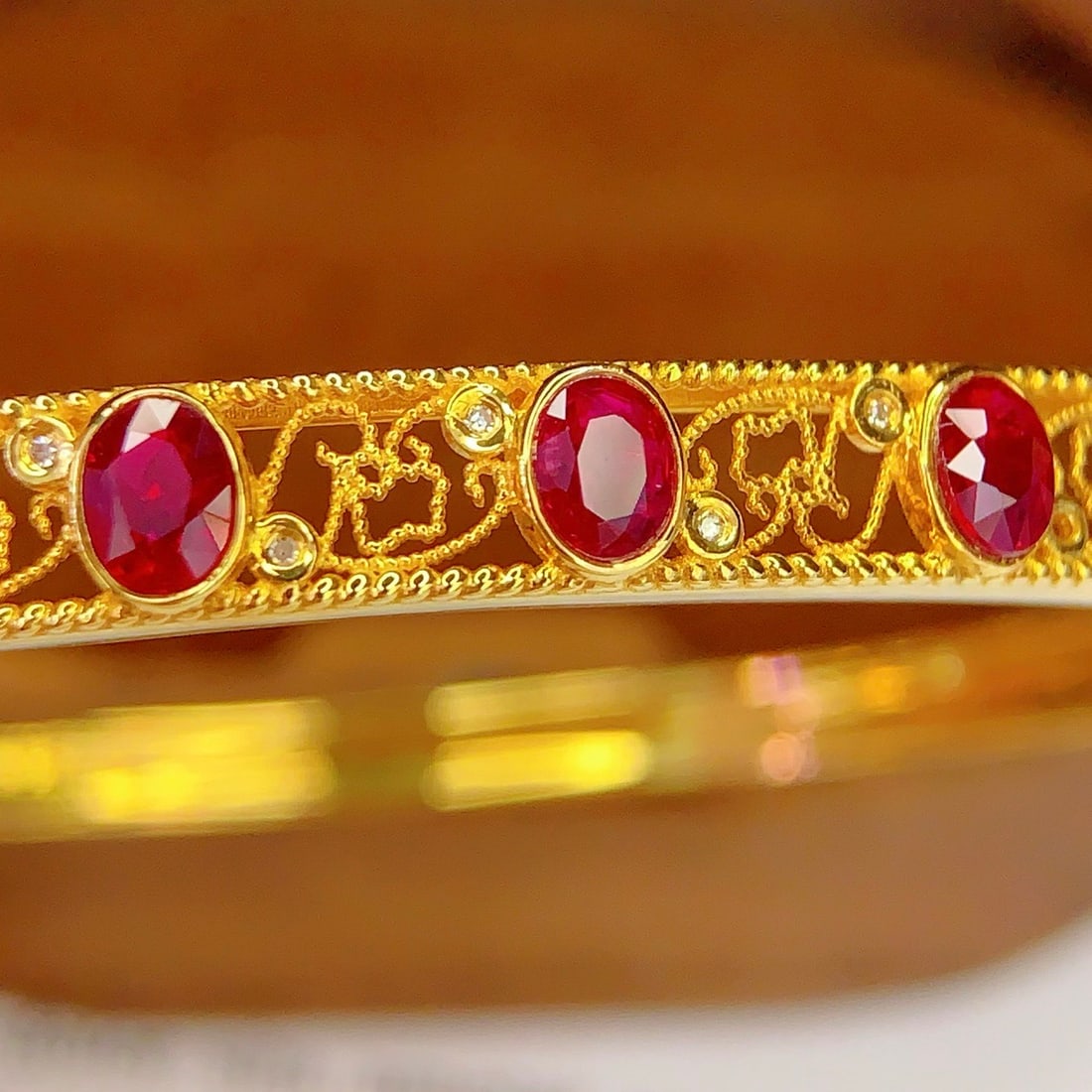 14k Gold 3 Ct Vivid Red Natural Ruby & Diamond Bangle - 2