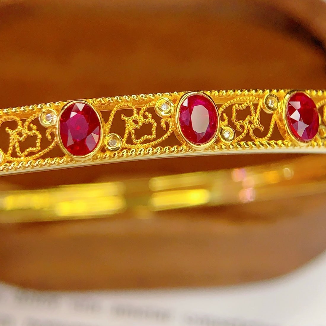 14k Gold 3 Ct Vivid Red Natural Ruby & Diamond Bangle - 4