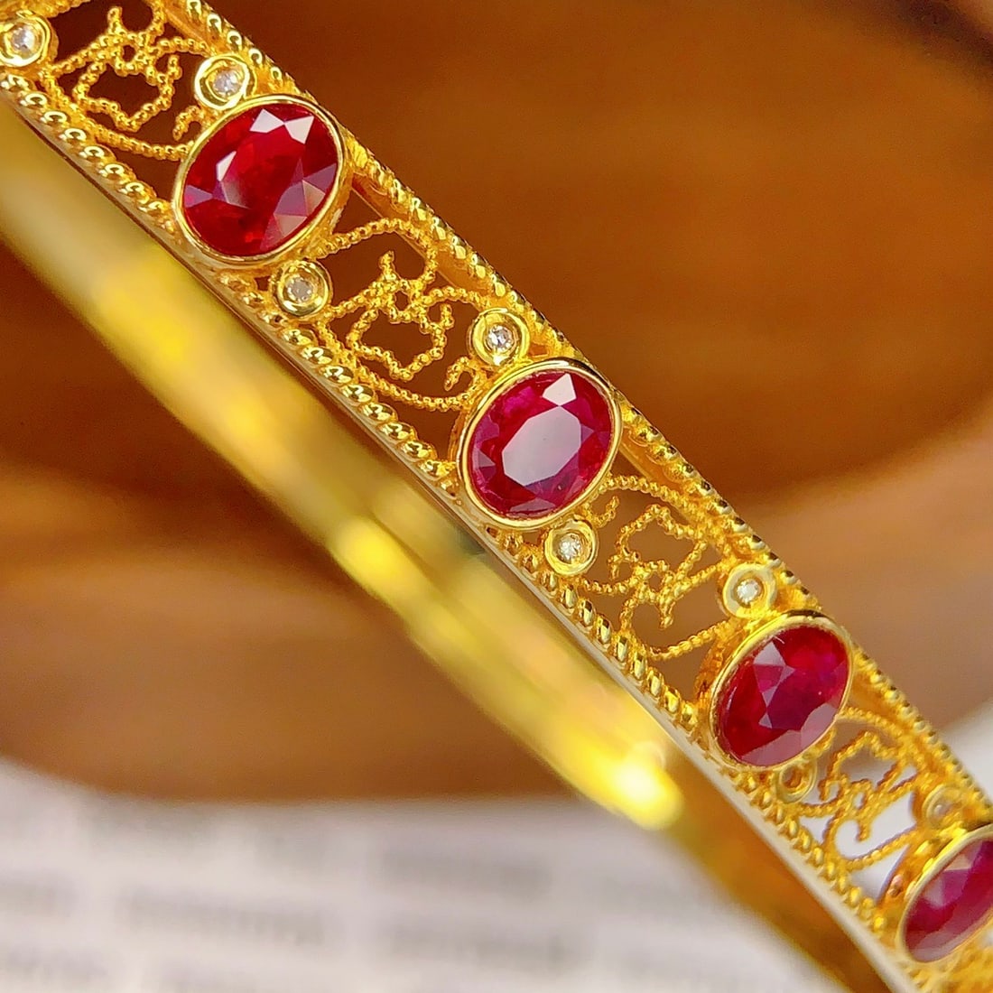 14k Gold 3 Ct Vivid Red Natural Ruby & Diamond Bangle - 5
