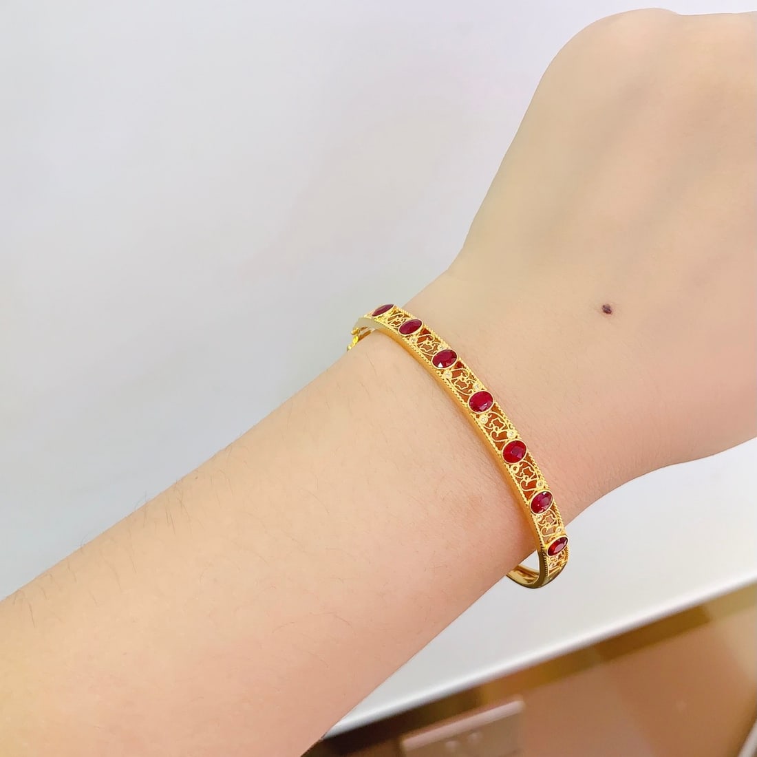 14k Gold 3 Ct Vivid Red Natural Ruby & Diamond Bangle - 6