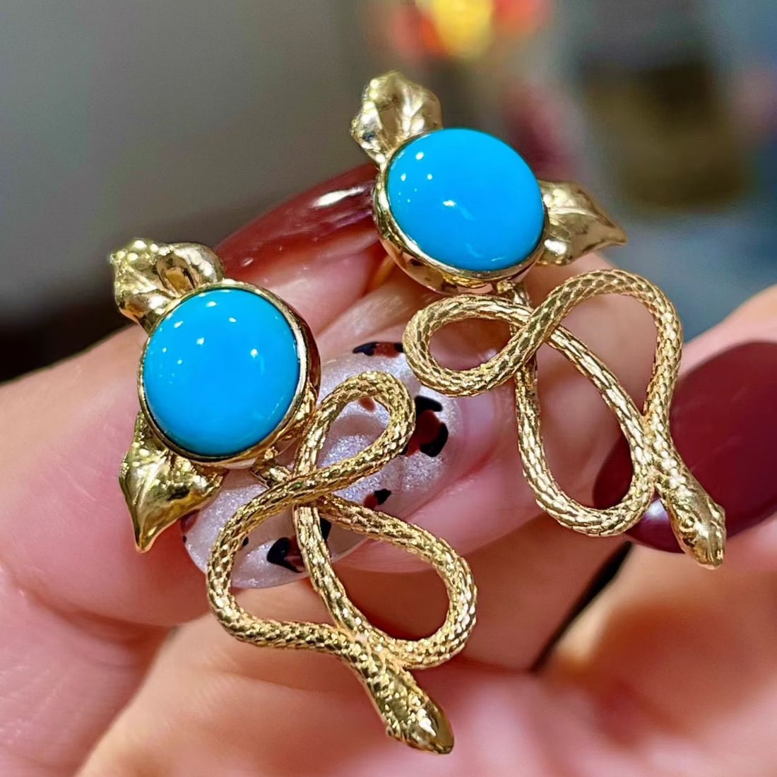 14k Gold 3.98 Ct Natural Blue Turquoise Earrings - 2