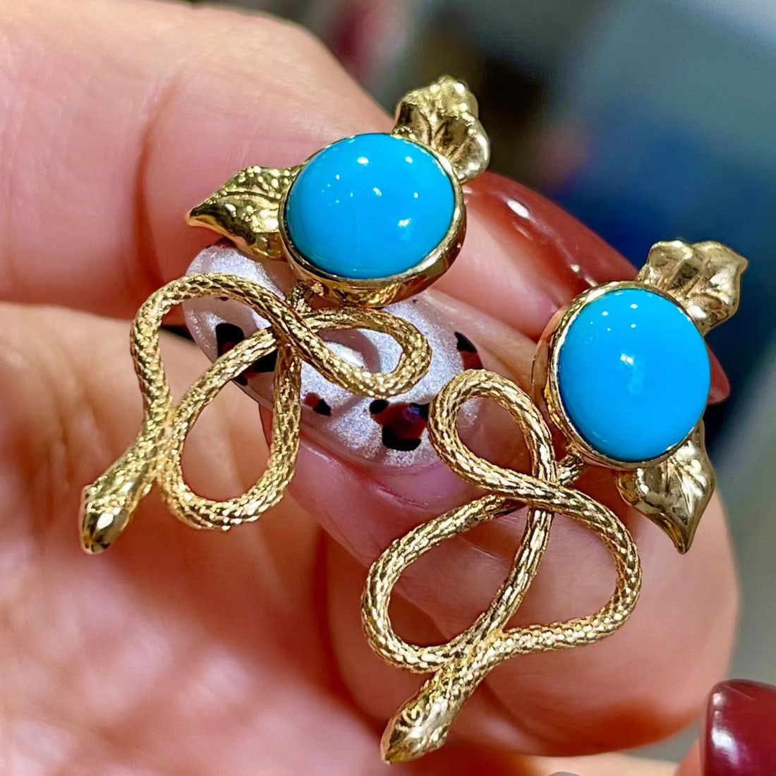 14k Gold 3.98 Ct Natural Blue Turquoise Earrings - 3