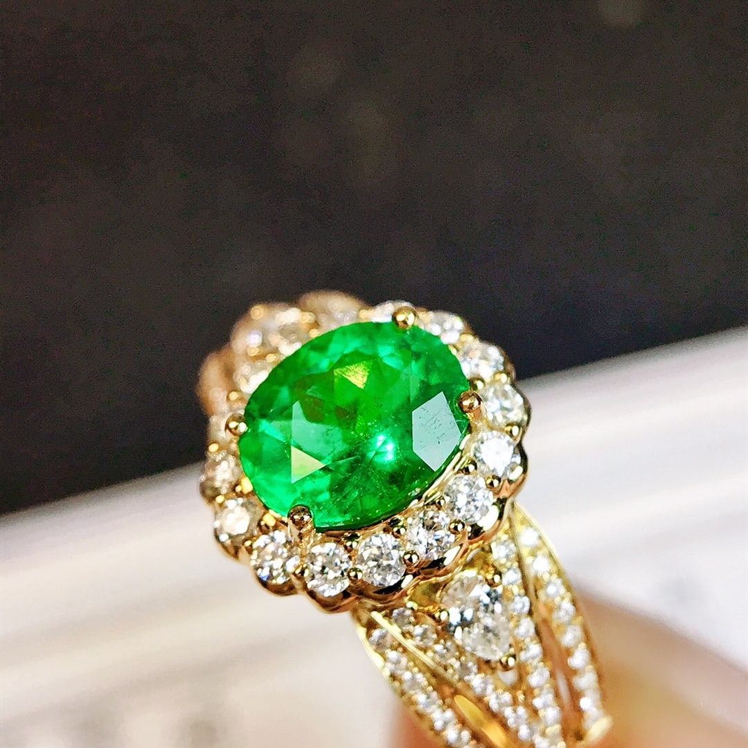 14k Gold 1.20 Ctw Vivid Green Natural Emerald & Diamond Ring - 6