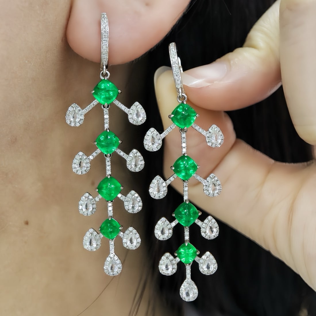 14k Gold 5.55 Ctw Vivid Green Natural Emerald & Diamond Earrings - 5