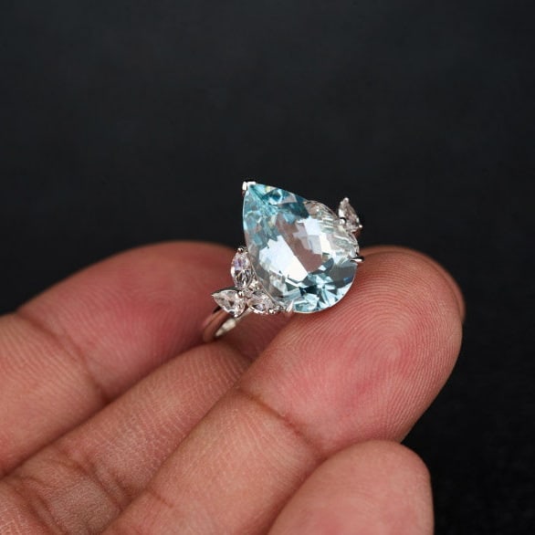 14k Gold 4.71 Ctw Natural Aquamarine & Sapphire Ring - 7