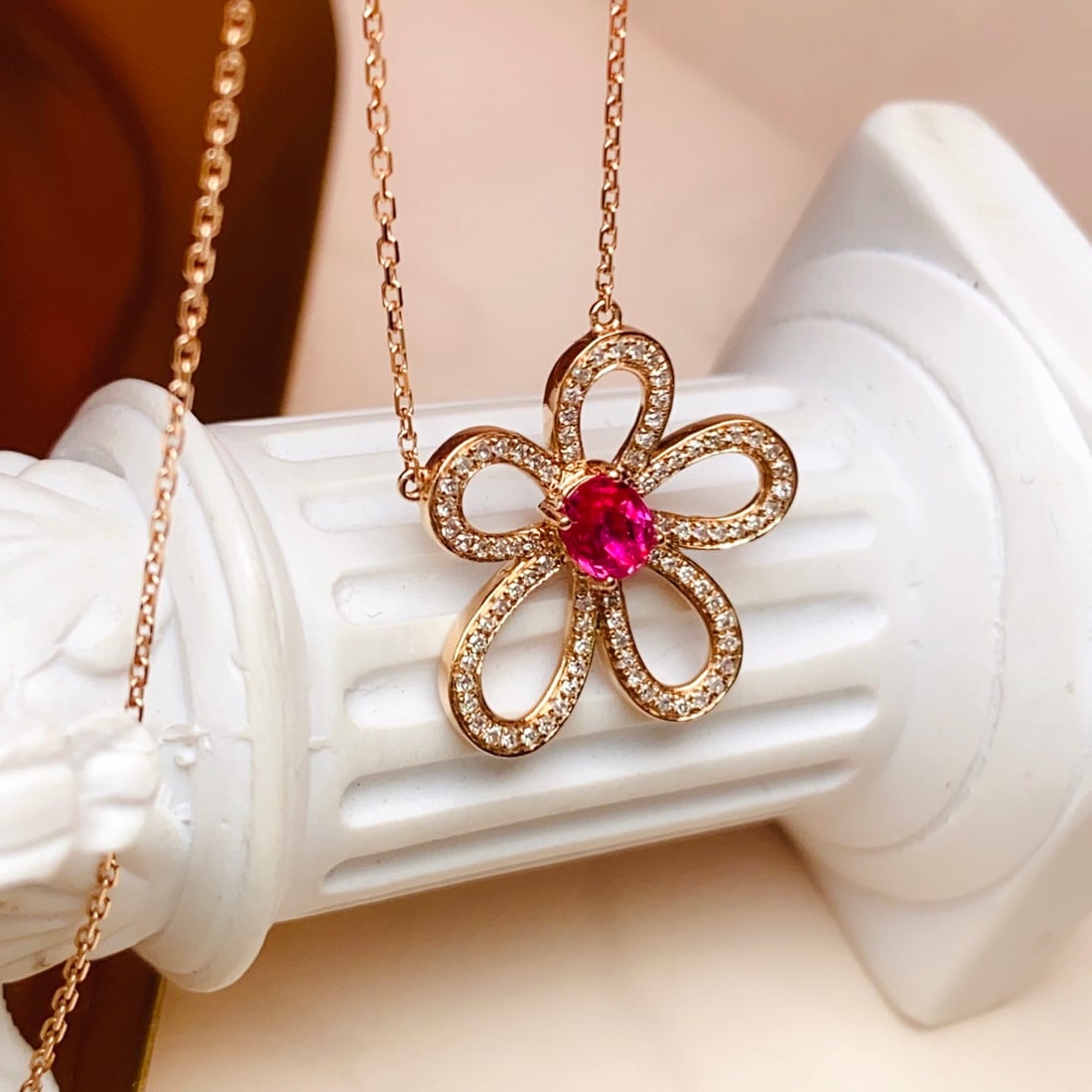 14k Gold 0.48 Ct Natural Ruby & Diamond & Flowers Necklace - 2