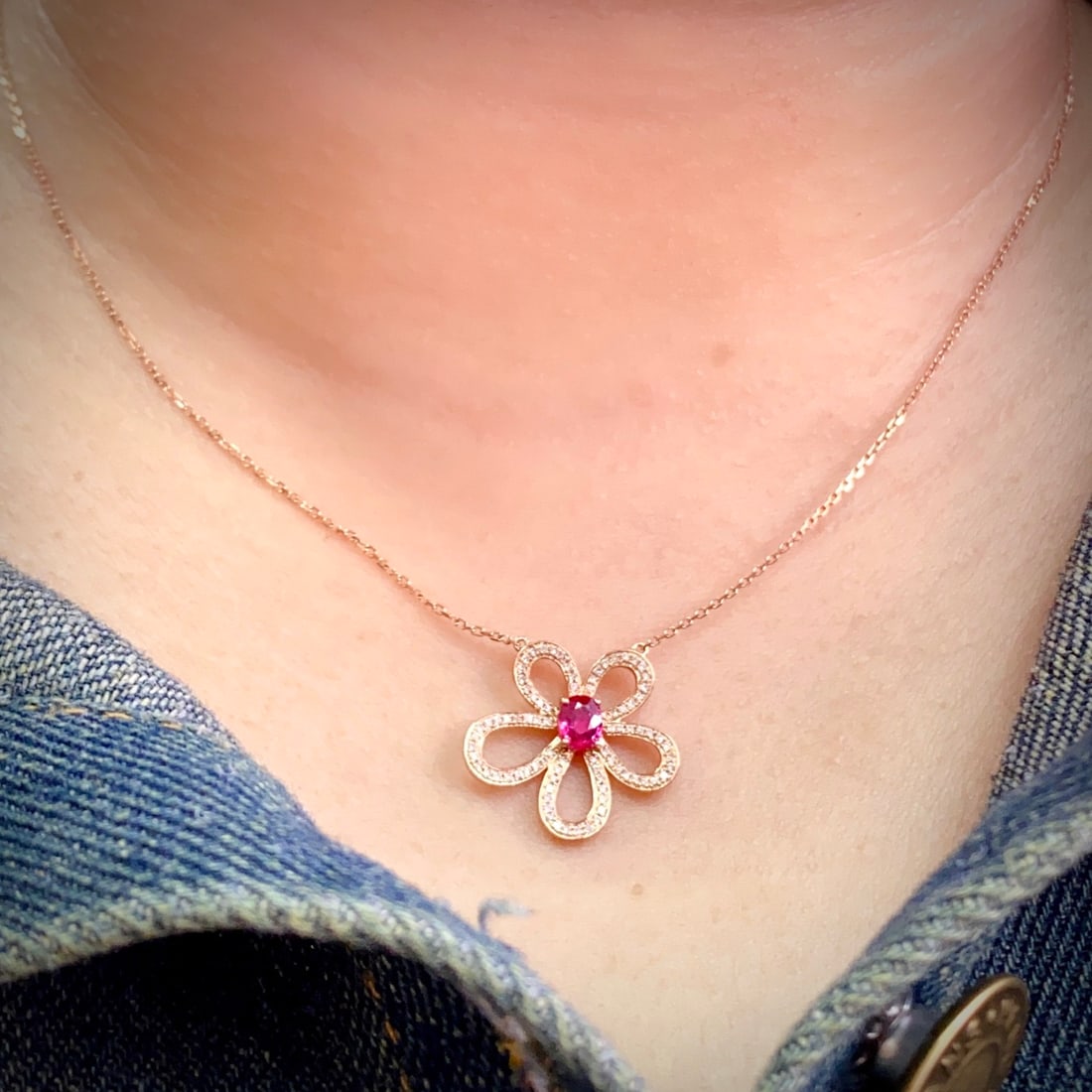 14k Gold 0.48 Ct Natural Ruby & Diamond & Flowers Necklace - 6