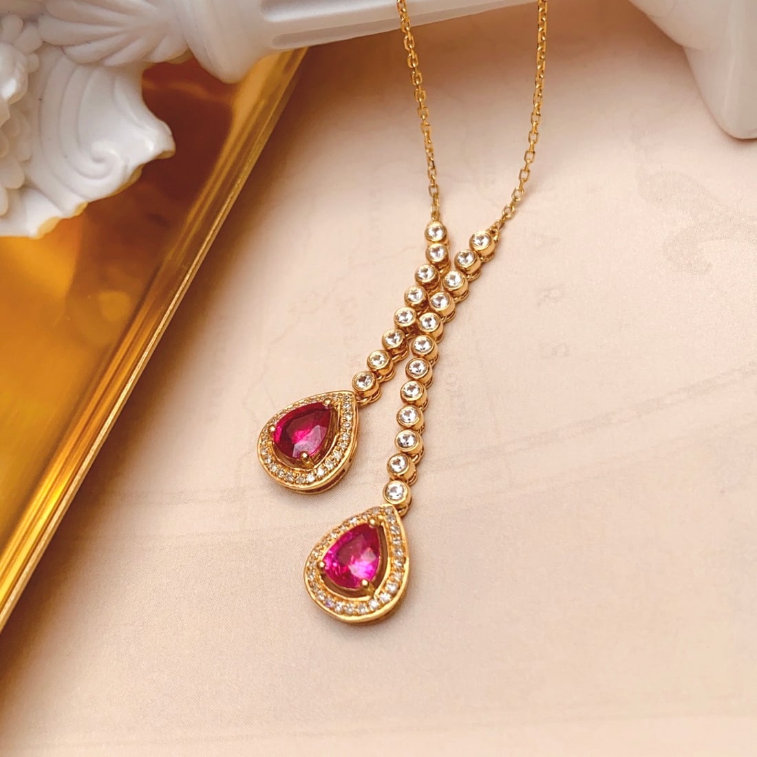 14k Gold 1.00 Ct Natural Ruby & Diamond & Sapphire Necklace - 2