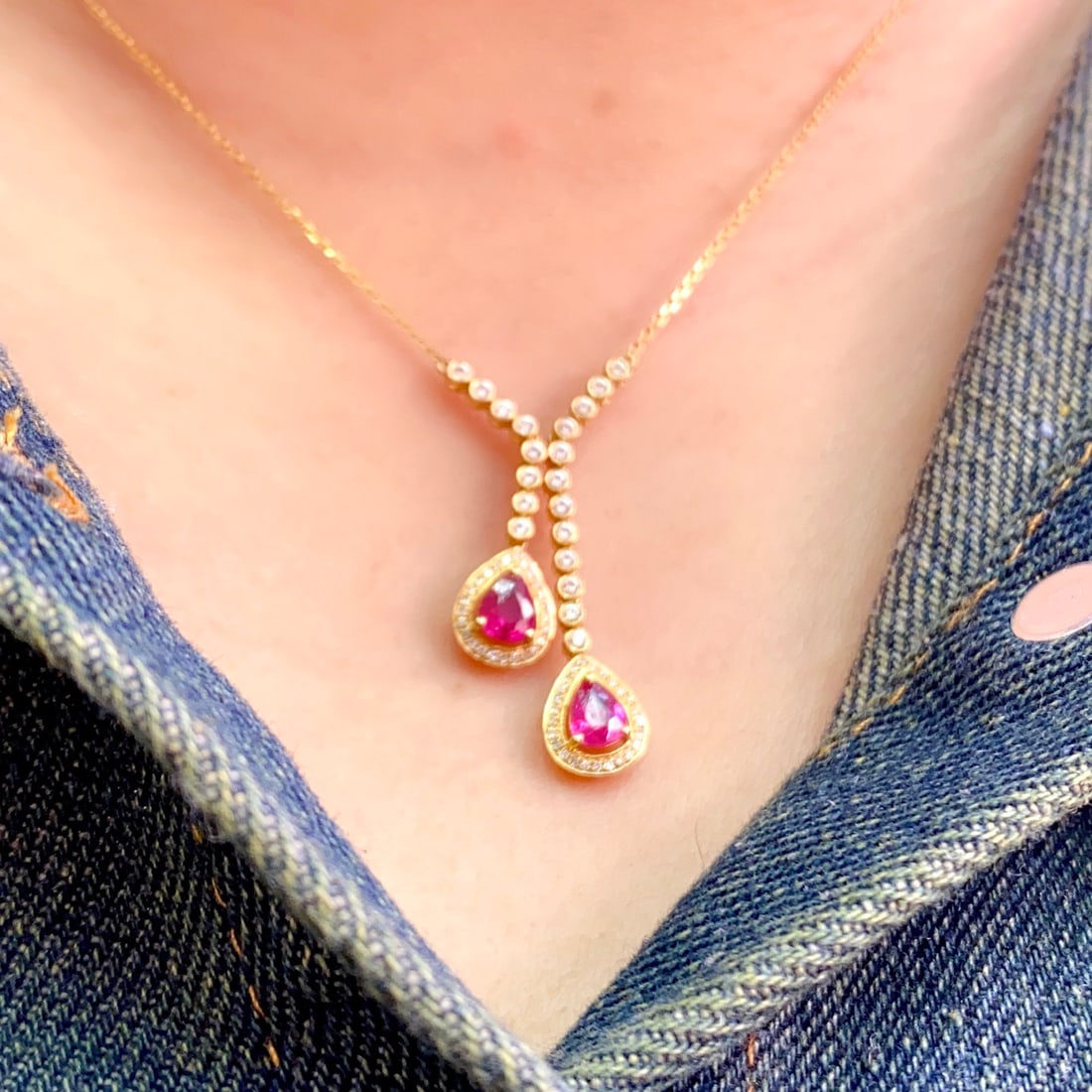 14k Gold 1.00 Ct Natural Ruby & Diamond & Sapphire Necklace - 5