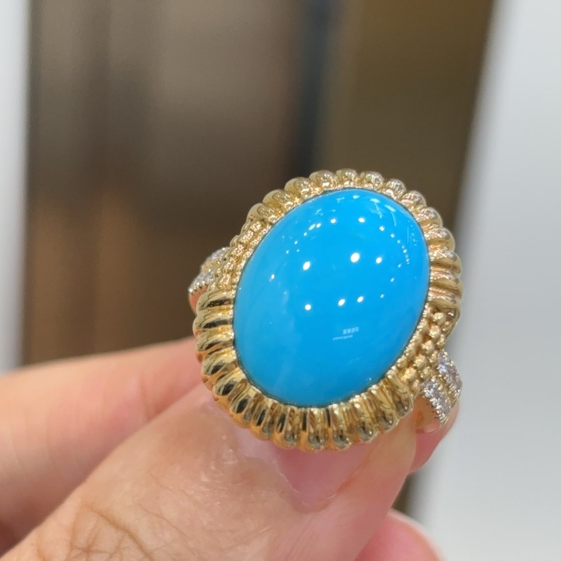 14k Gold 5.95 Ctw Natural Blue Turquoise & Diamond Ring: Ref:231108283 // gold content:14k gold // ring size:7. 25us // // main gemstone:blue turquoise // shape:oval // carat weight:5. 75ct // color:blue // treatment:natural // // adjacent gemstone 2 :
