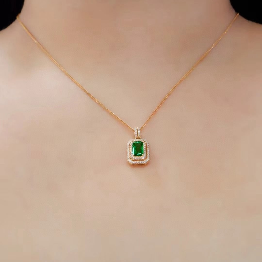 14k Gold 1.11 Ctw Vivid Green Natural Emerald & Diamond Pendant( Without Chain ) - 5