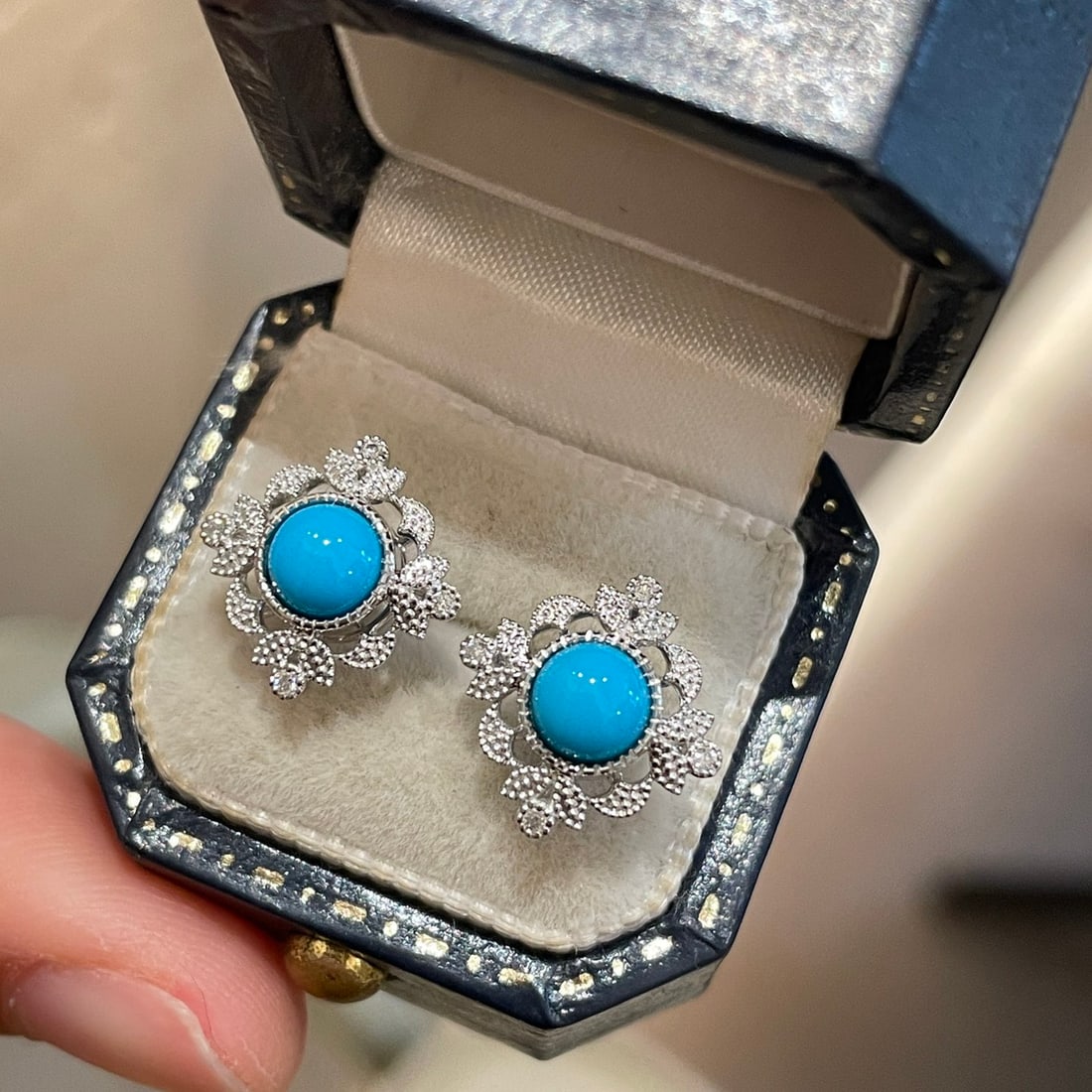 14k Gold 1.2 Ct Natural Blue Turquoise & Diamond Earrings - 2