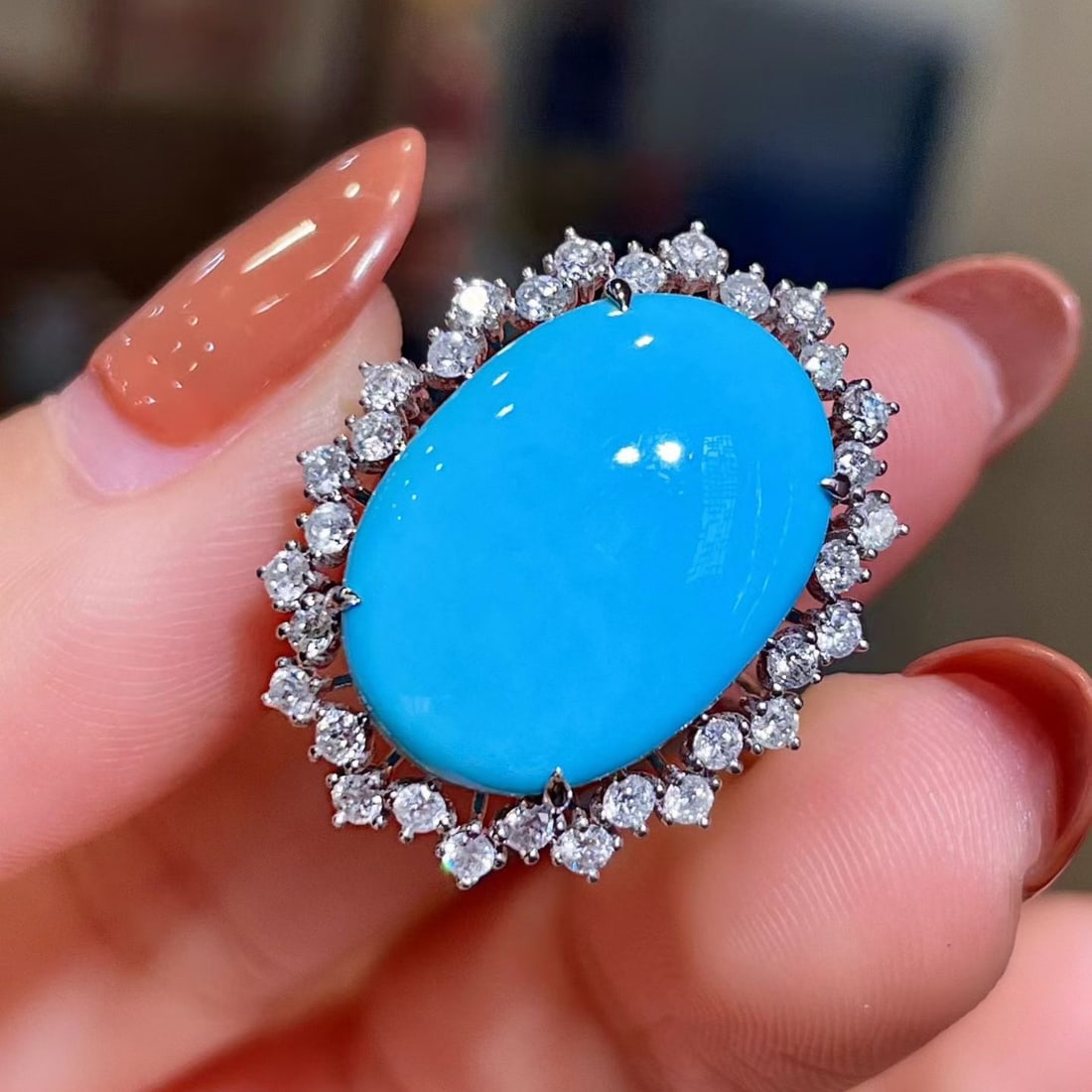 14k Gold 7.64 Ctw Natural Blue Turquoise & Diamond Ring - 3