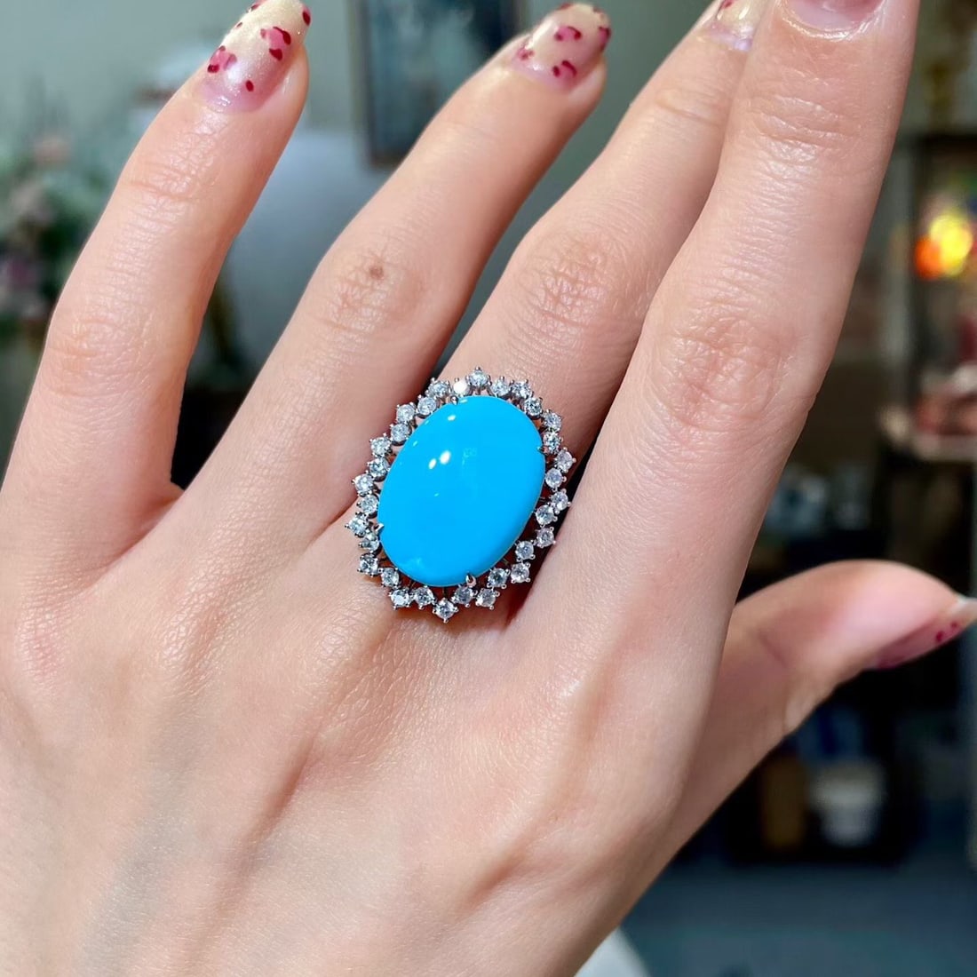 14k Gold 7.64 Ctw Natural Blue Turquoise & Diamond Ring - 4