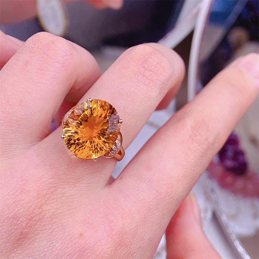 14k Gold 10.2 Ct Natural Citrine & Diamond Ring - 4