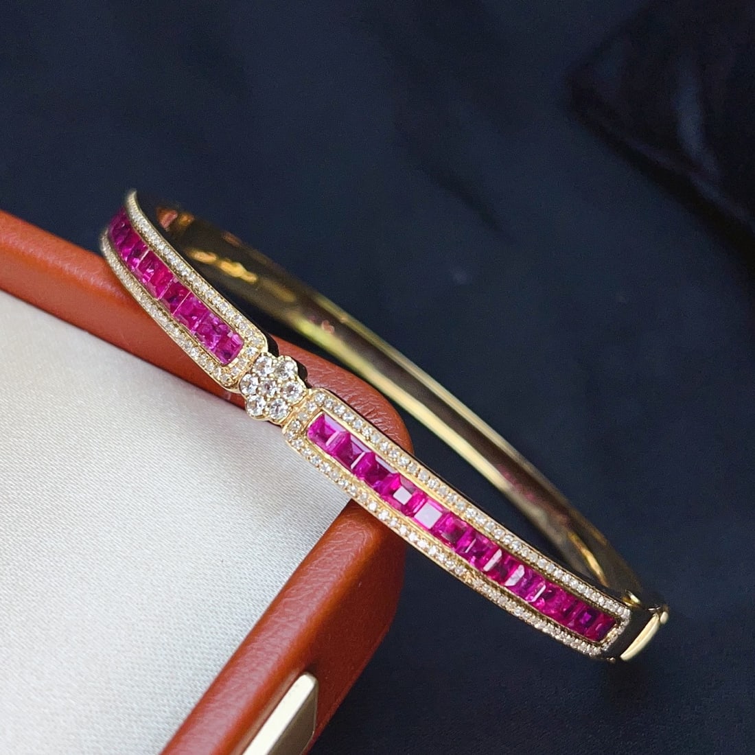 14k Gold 4.00 Ct Natural Ruby & Diamond & Sapphire Bangle - 2