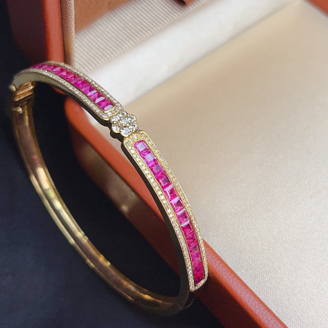 14k Gold 4.00 Ct Natural Ruby & Diamond & Sapphire Bangle - 3