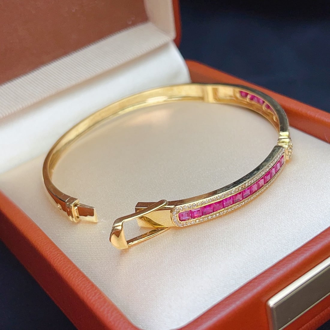 14k Gold 4.00 Ct Natural Ruby & Diamond & Sapphire Bangle - 5
