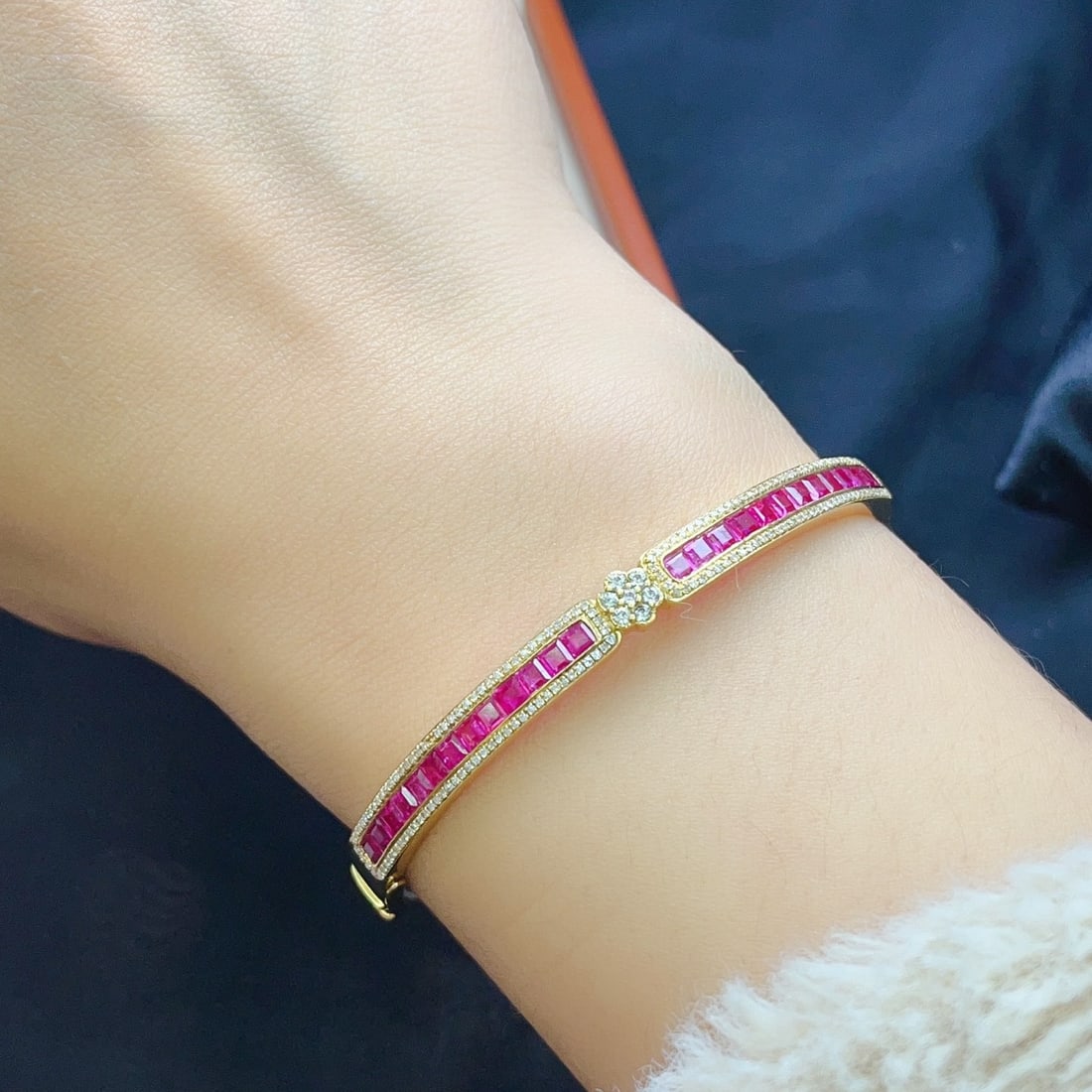 14k Gold 4.00 Ct Natural Ruby & Diamond & Sapphire Bangle - 6