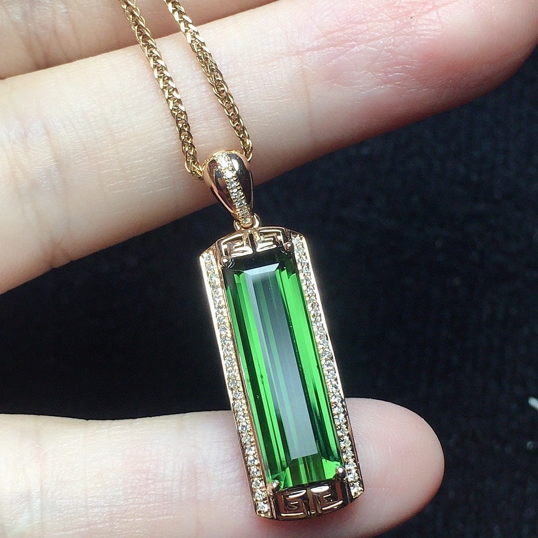 14k Gold 4.82 Ct Natural Tourmaline & Diamond Pendant( Without Chain ) - 2