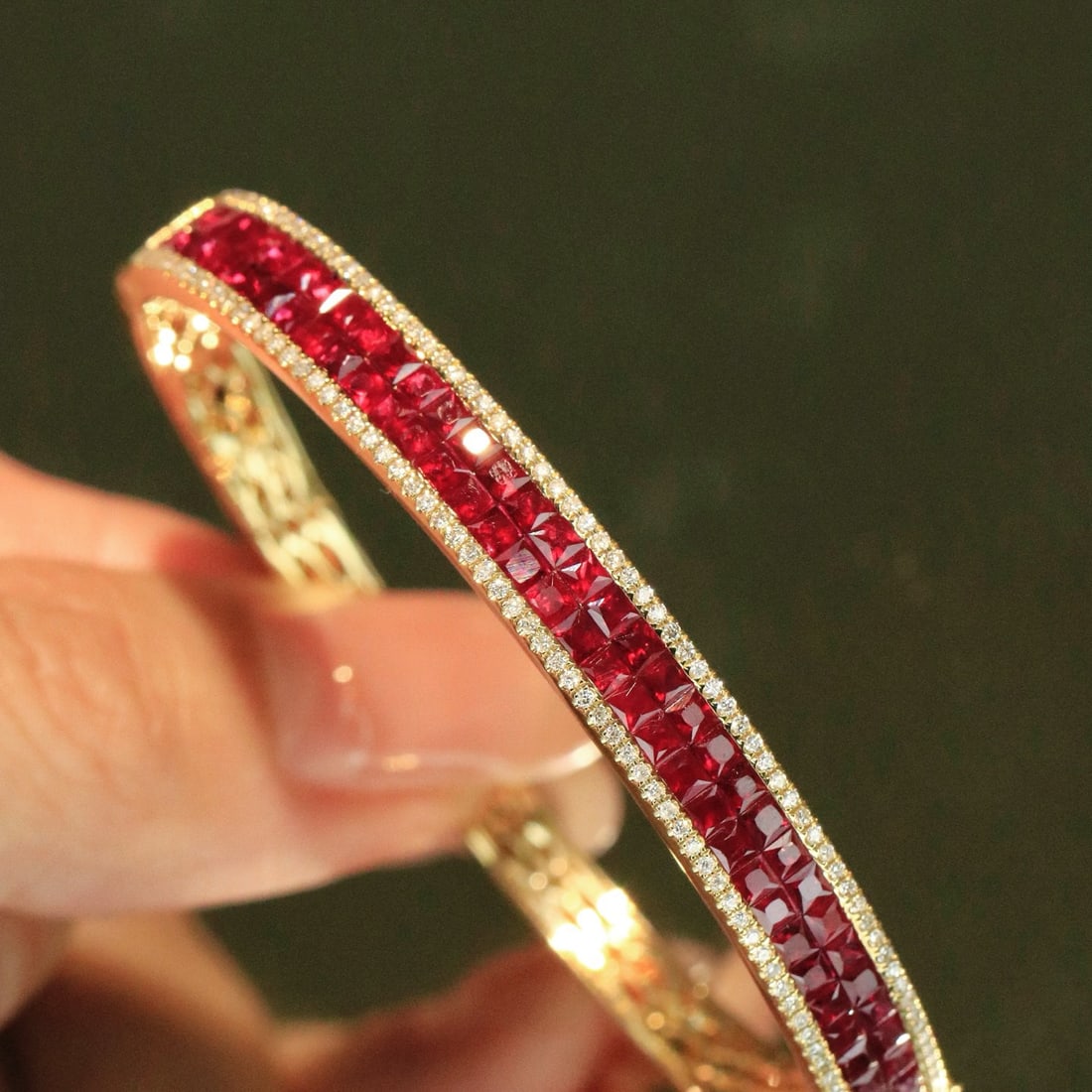 14k Gold 5.24 Ctw Natural Ruby & Diamond Bangle - 3
