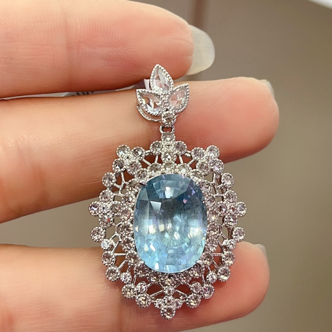 14k Gold 7.50 Ct Natural Aquamarine & Sapphire Pendant( Without Chain ) - 2