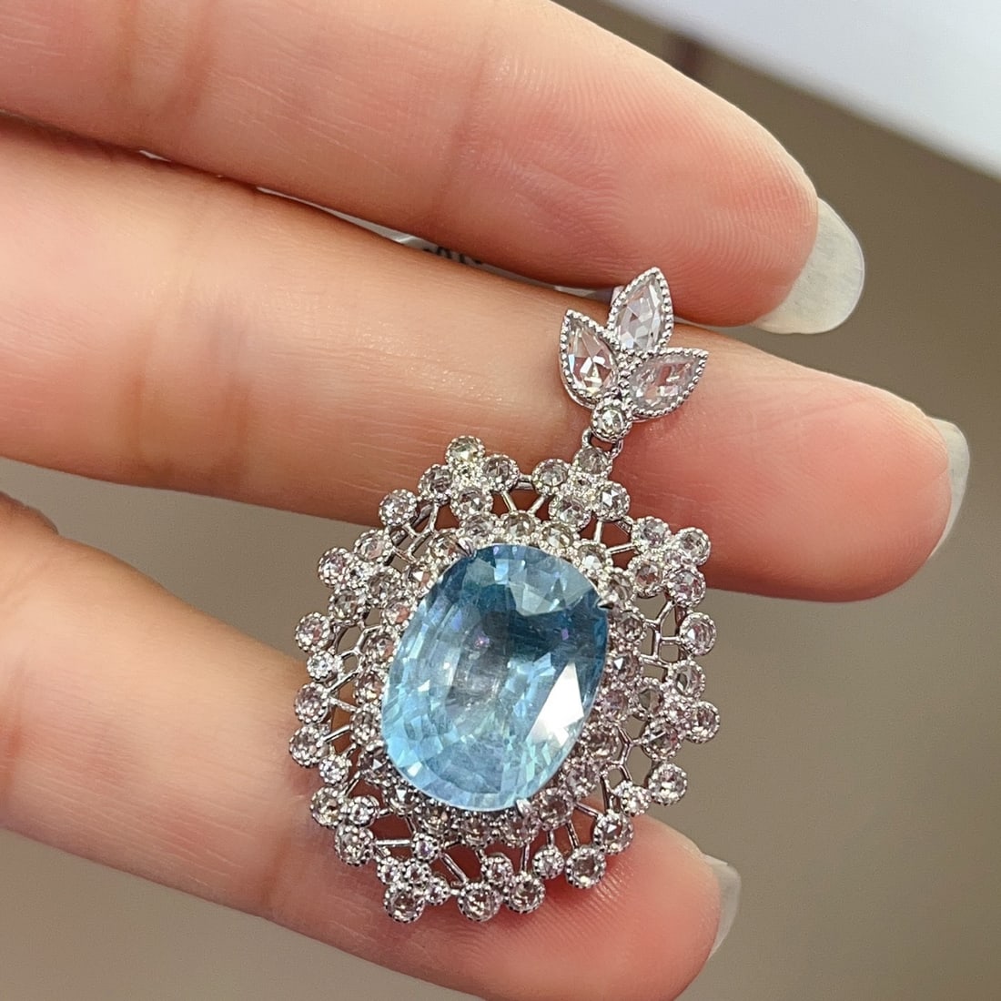 14k Gold 7.50 Ct Natural Aquamarine & Sapphire Pendant( Without Chain ) - 3