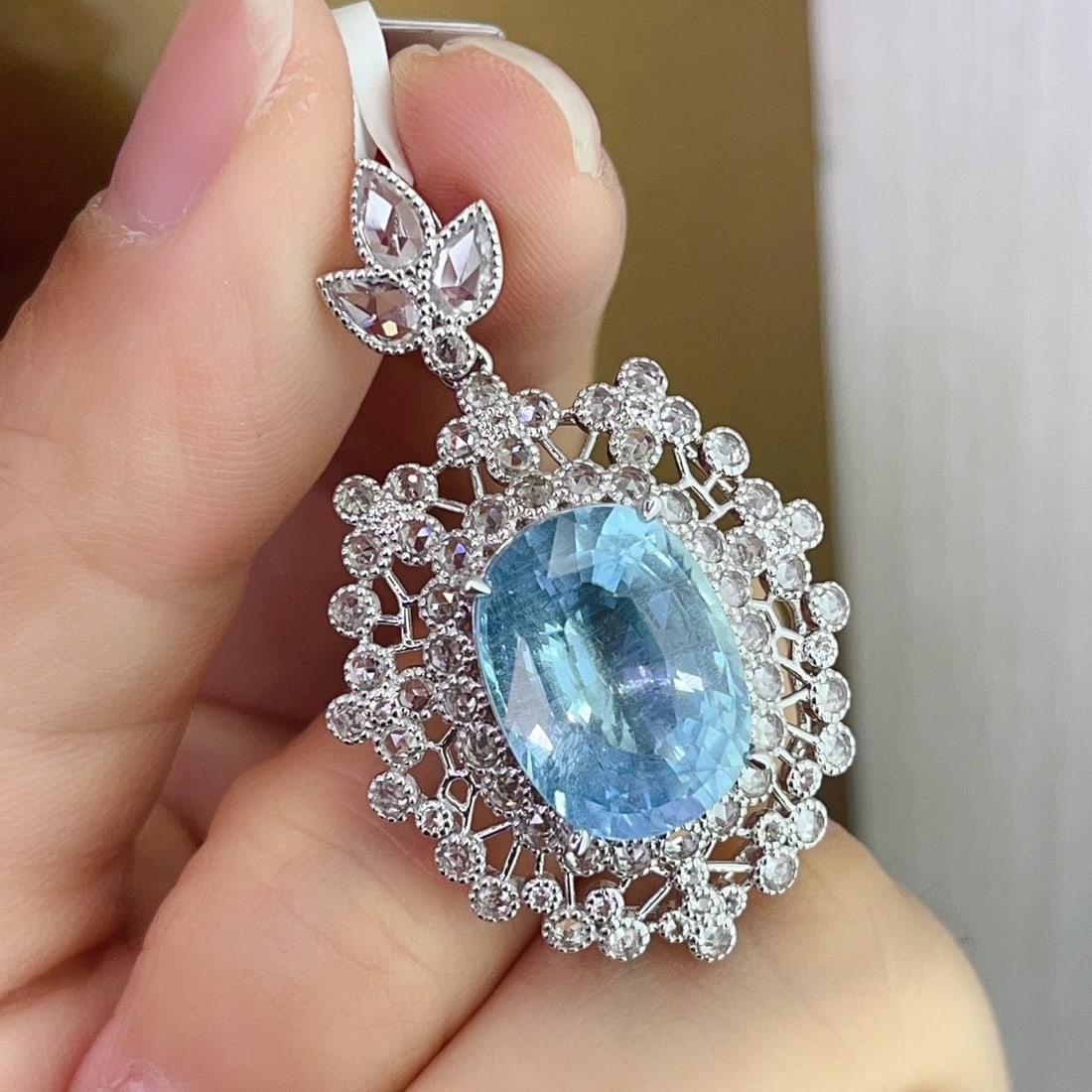 14k Gold 7.50 Ct Natural Aquamarine & Sapphire Pendant( Without Chain ) - 4