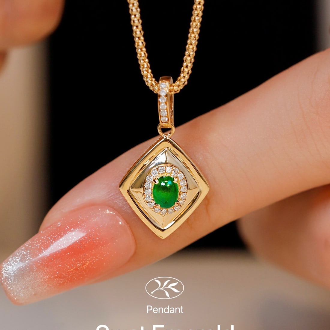 14k Gold 0.31 Ctw Vivid Green Natural Emerald & Diamond Pendant( Without Chain ): Ref:231108383 // gold content:14k gold // main gemstone:emerald // shape:oval // carat weight:0. 24ct // color:vivid green // treatment:natural // // adjacent gemstone 2 : diamond // shape:round //