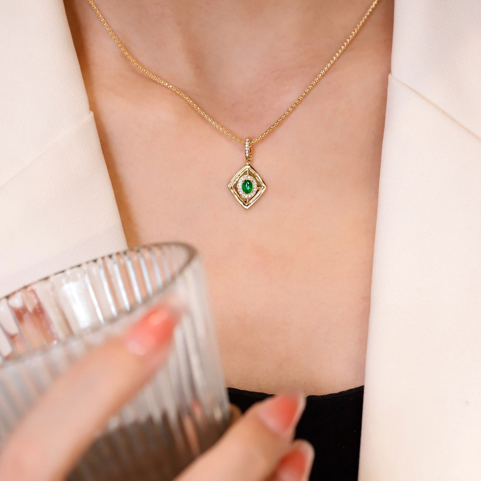 14k Gold 0.31 Ctw Vivid Green Natural Emerald & Diamond Pendant( Without Chain ) - 2