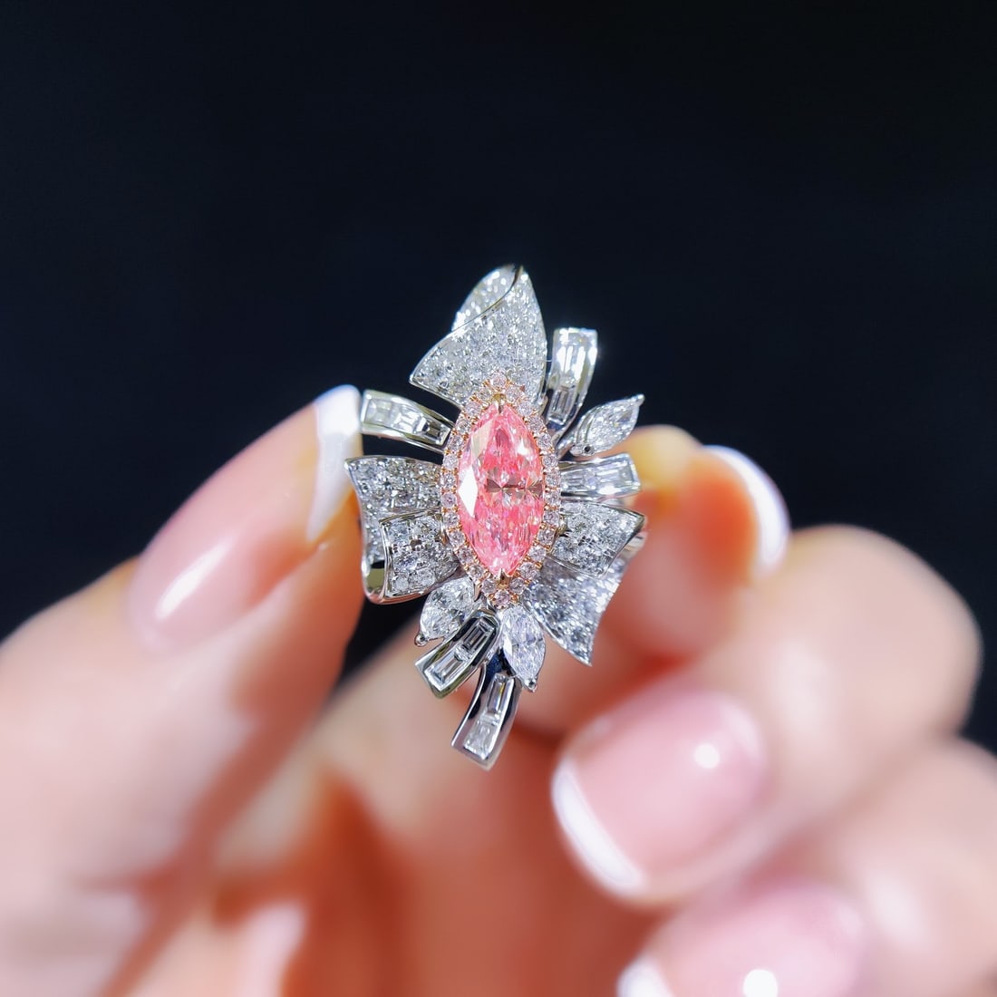 14k Gold 1.38 Ctw Natural Pink Diamond & Diamond Ring/pendant( Without Chain ): Ref:231108384 // gold content:14k gold // ring size:7. 25us // // main gemstone:pink diamond // shape:marquise // carat weight:0. 64ct // color:pink // treatment:natural // // adjacent gemstone 2 : di