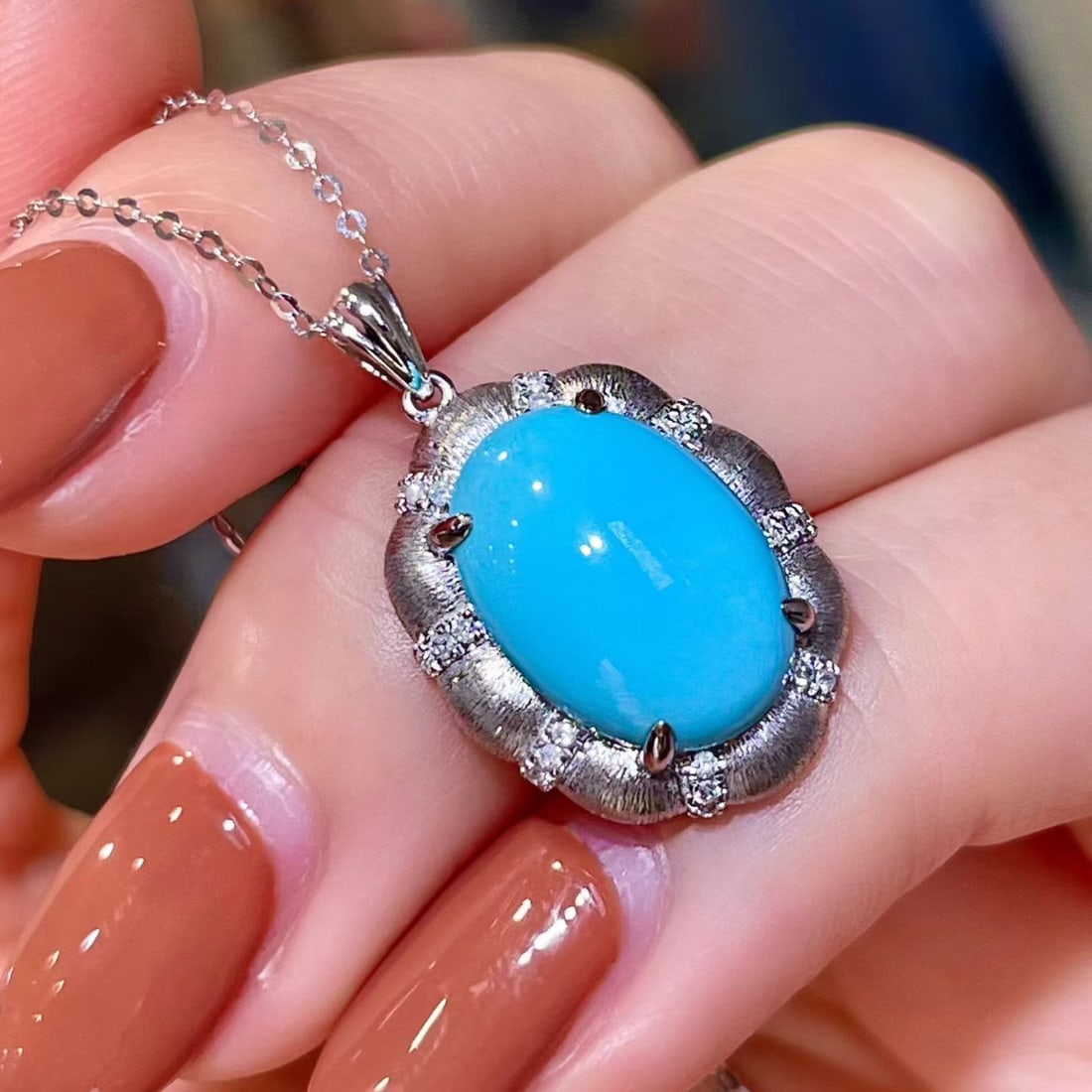 14k Gold 5.21 Ctw Natural Blue Turquoise & Diamond Pendant( Without Chain ) - 2