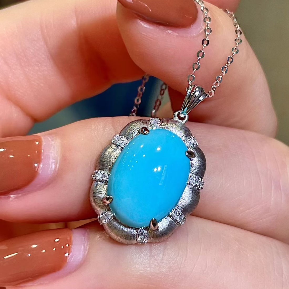 14k Gold 5.21 Ctw Natural Blue Turquoise & Diamond Pendant( Without Chain ) - 3