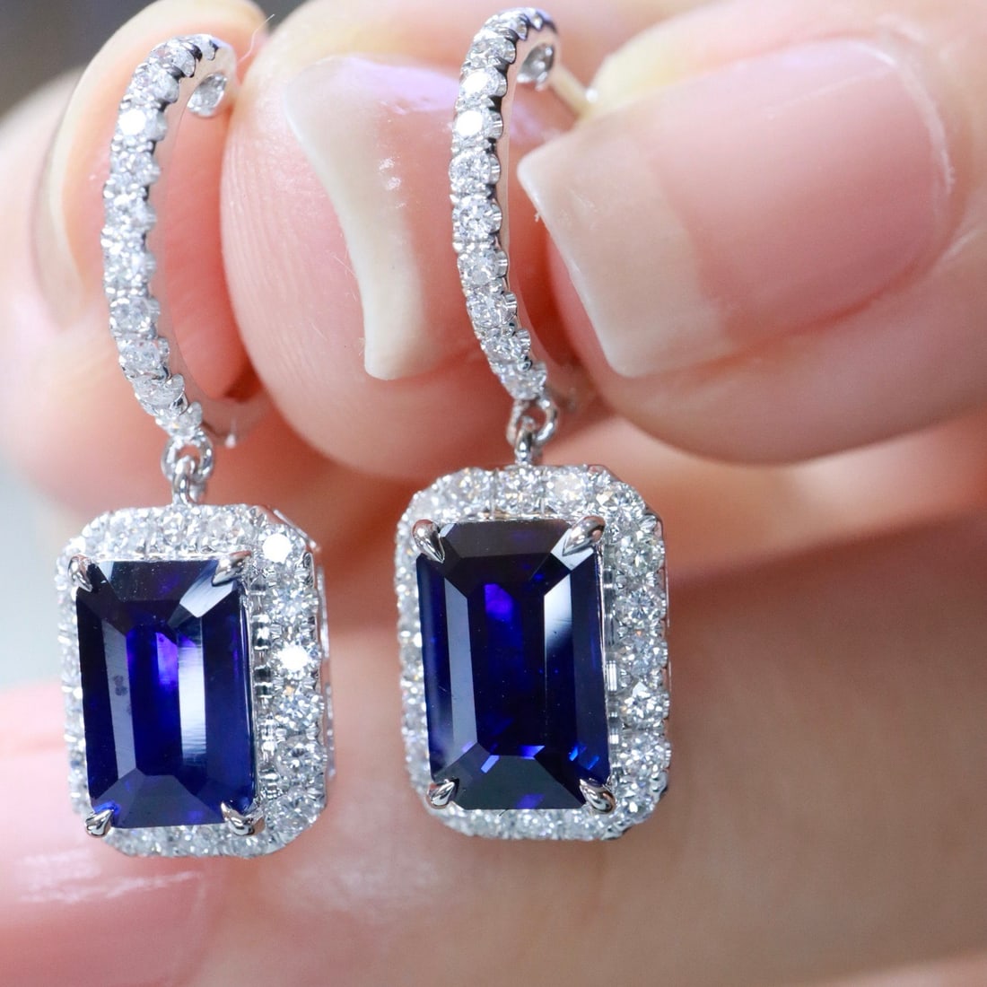 14k Gold 3.36 Ctw Natural Sapphire & Diamond Earrings - 4