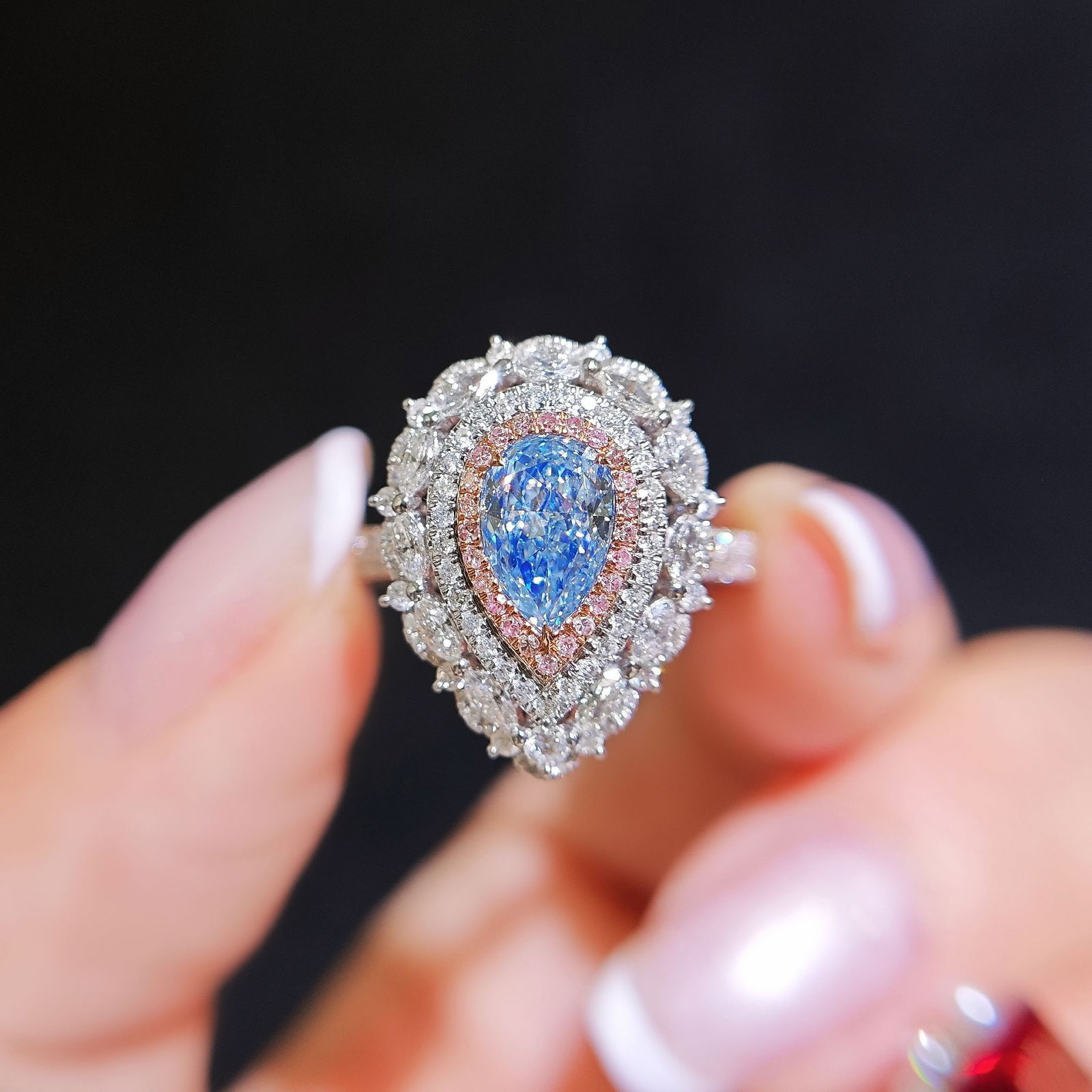 14k Gold 1.65 Ctw Natural Blue Diamond & Diamond Ring/pendant( Without Chain ): Ref:231108408 // gold content:14k gold // ring size:7. 25us // // main gemstone:blue diamond // shape:pear // carat weight:0. 82ct // color:blue // treatment:natural // // adjacent gemstone 2 :