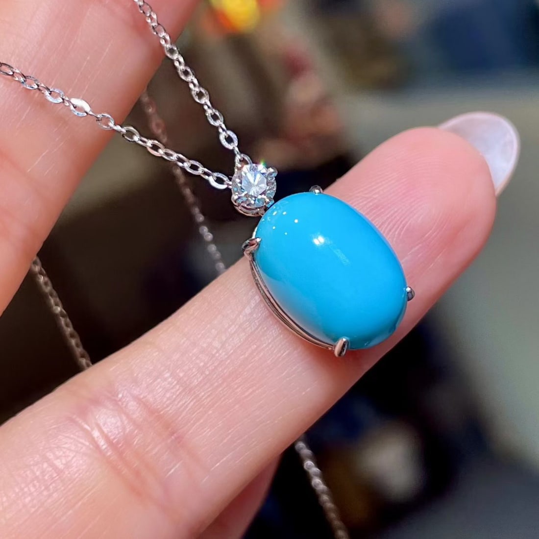 14k Gold 6.87 Ctw Natural Blue Turquoise & Diamond Necklace - 2