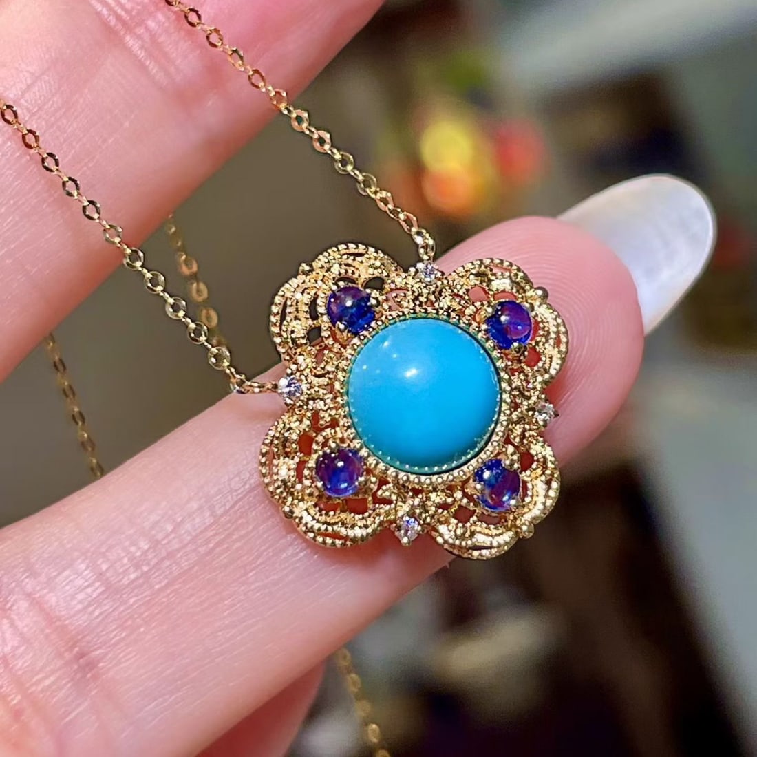 14k Gold 0.36 Ct Natural Sapphire & Blue Turquoise & Diamond Necklace - 2