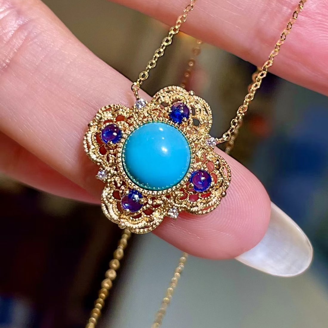 14k Gold 0.36 Ct Natural Sapphire & Blue Turquoise & Diamond Necklace - 3