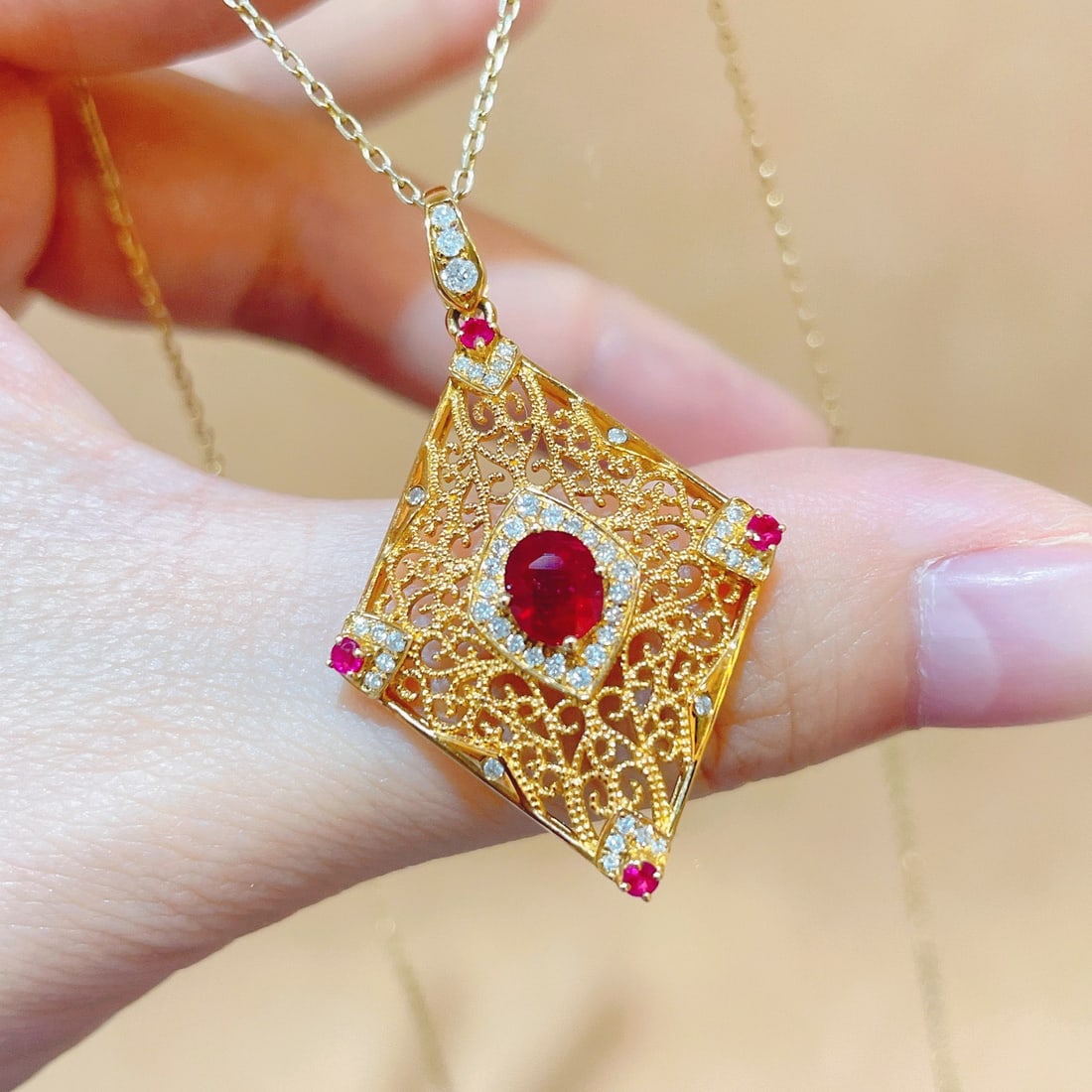 14k Gold 1.08 Ctw Natural Ruby & Diamond Pendant( Without Chain ) - 3