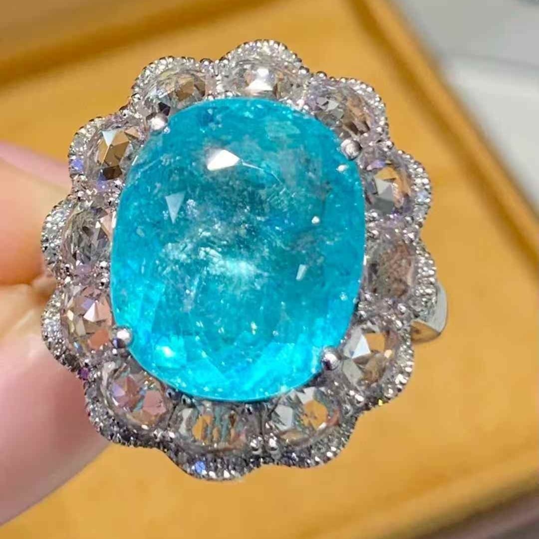 14k Gold 6.2 Ct Natural Paraiba Tourmaline & Diamond Ring - 2