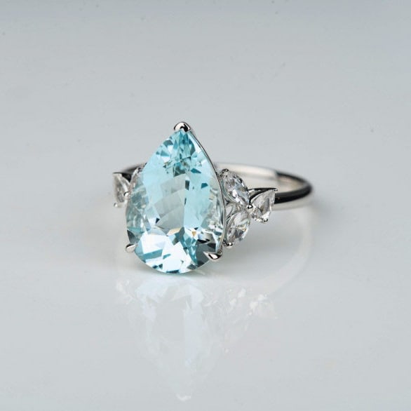14k Gold 4.71 Ctw Natural Aquamarine & Sapphire Ring - 7