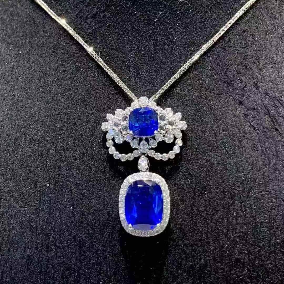 14k Gold 3.7 Ct Natural Sapphire & Diamond Pendant( Without Chain ): Ref:231109025 // gold content:14k gold // main gemstone:sapphire // shape:cushion // carat weight:3. 7ct // color:royal blue // treatment:natural // // adjacent gemstone 2 : diamond // shape:round