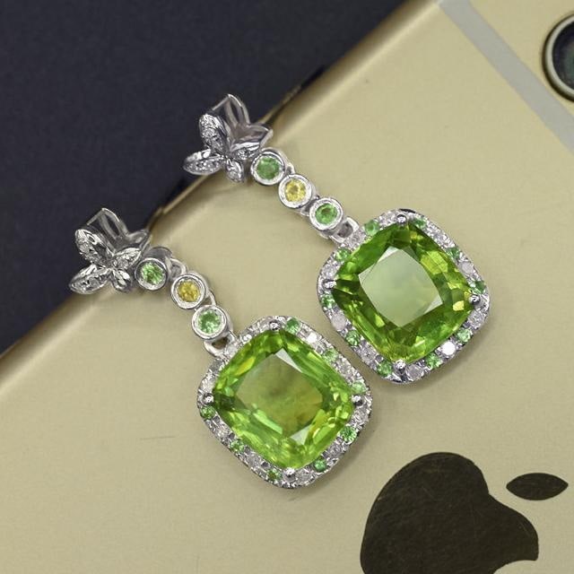 14k Gold 7.05 Ctw Natural Peridot & Diamond Earrings - 3