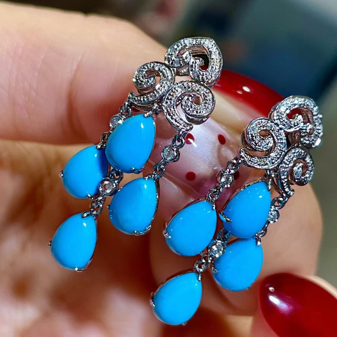 14k Gold 5.82 Ctw Natural Blue Turquoise & Diamond Earrings - 3